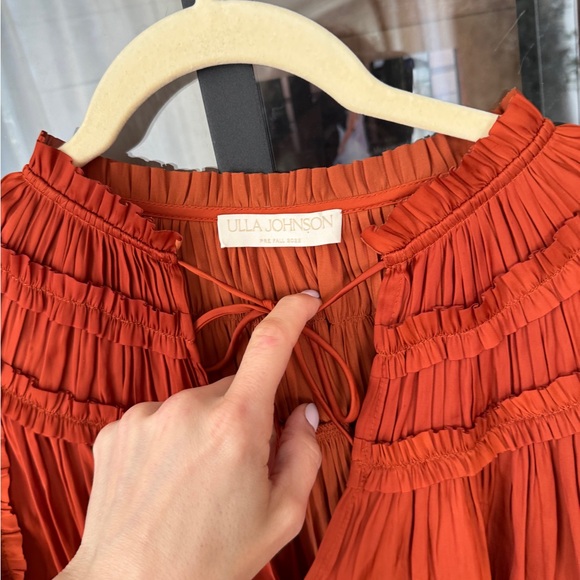 Ulla Johnson Aimee top blouse ruffle short sleeve clay rust satin tie front - Picture 3 of 12